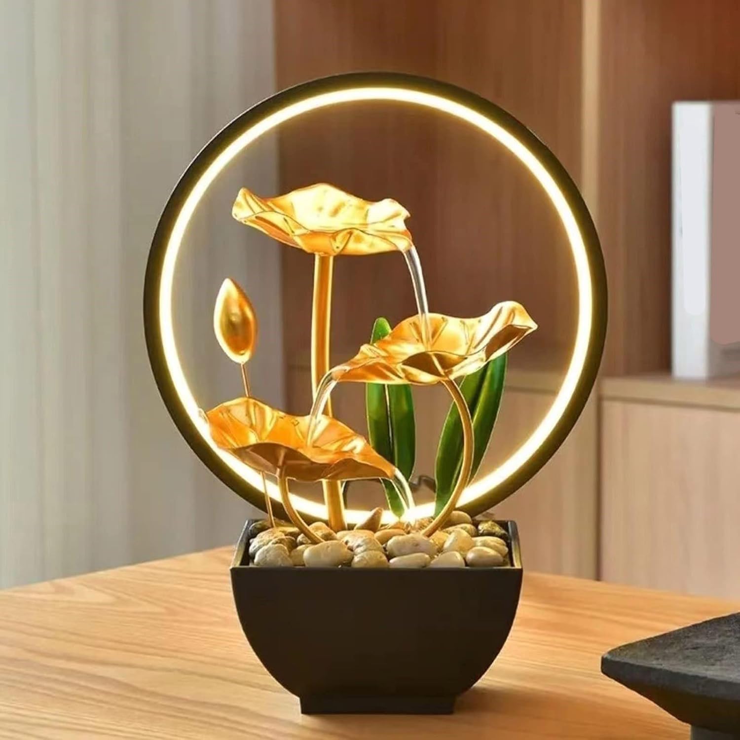 Elegant 3 Tiered Indoor Tabletop Fountain with LED Light and Natural Stones