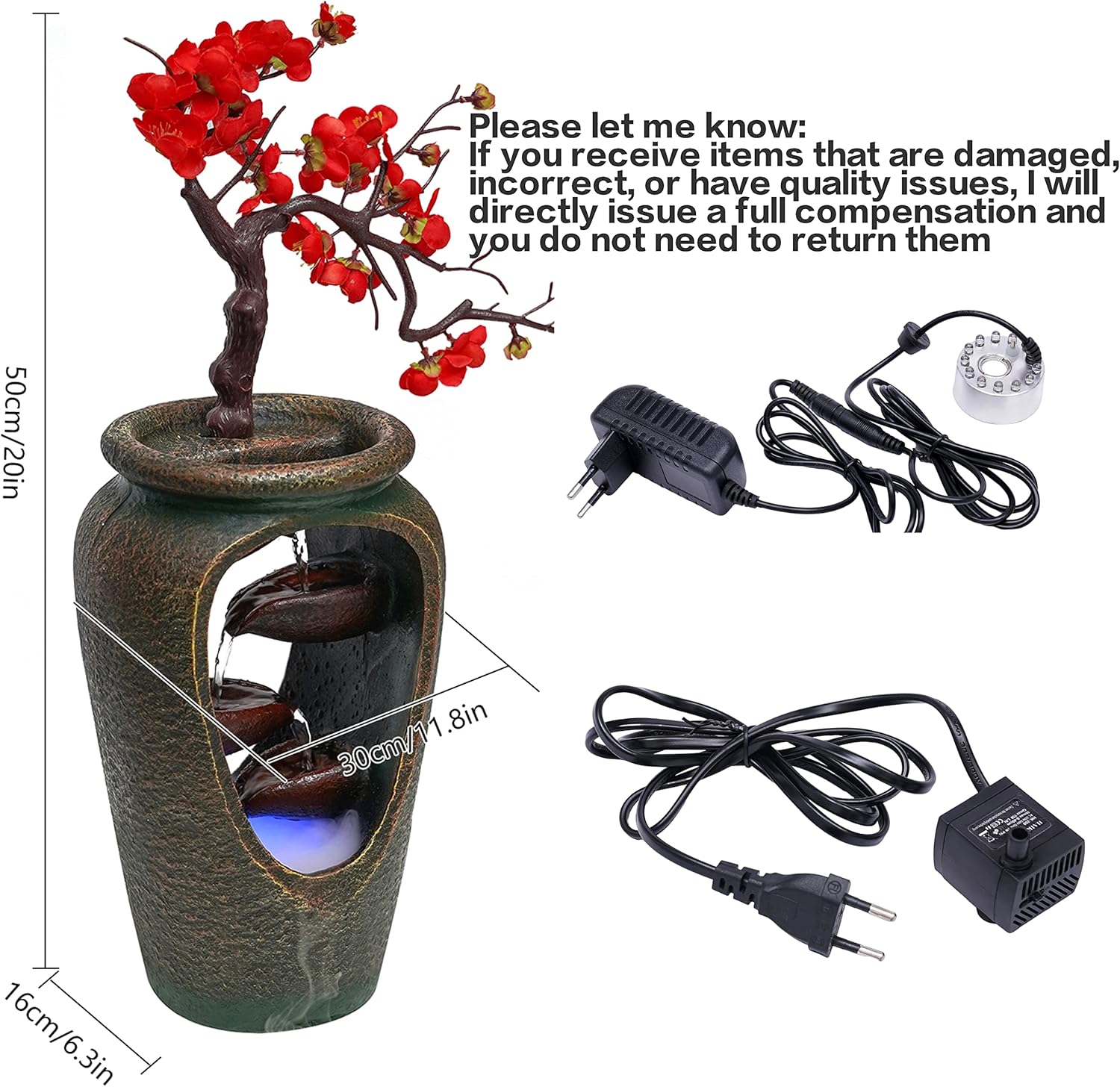 20 Inch Tabletop Decorative Flower Vase Water Fountain Humidifier with LED Lights