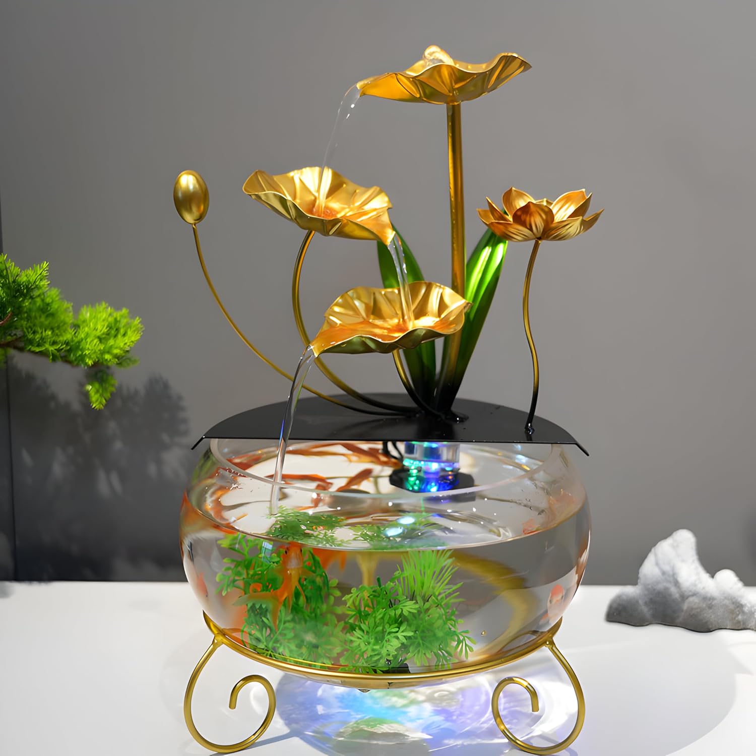 Indoor Water Fountain with Fish Tank and Crystals