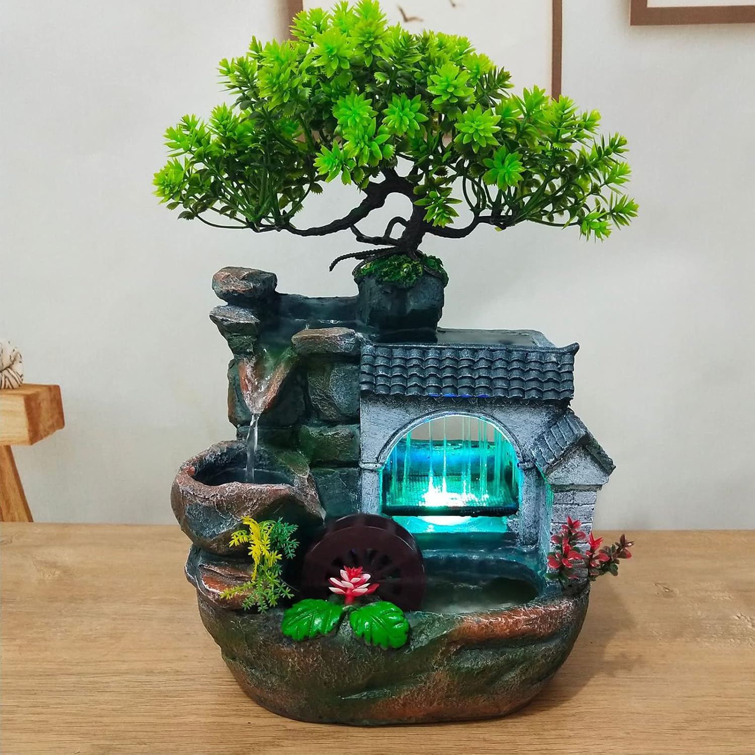 WINNIESHOP Indoor Tabletop Waterfall Fountain with Lights and Plants