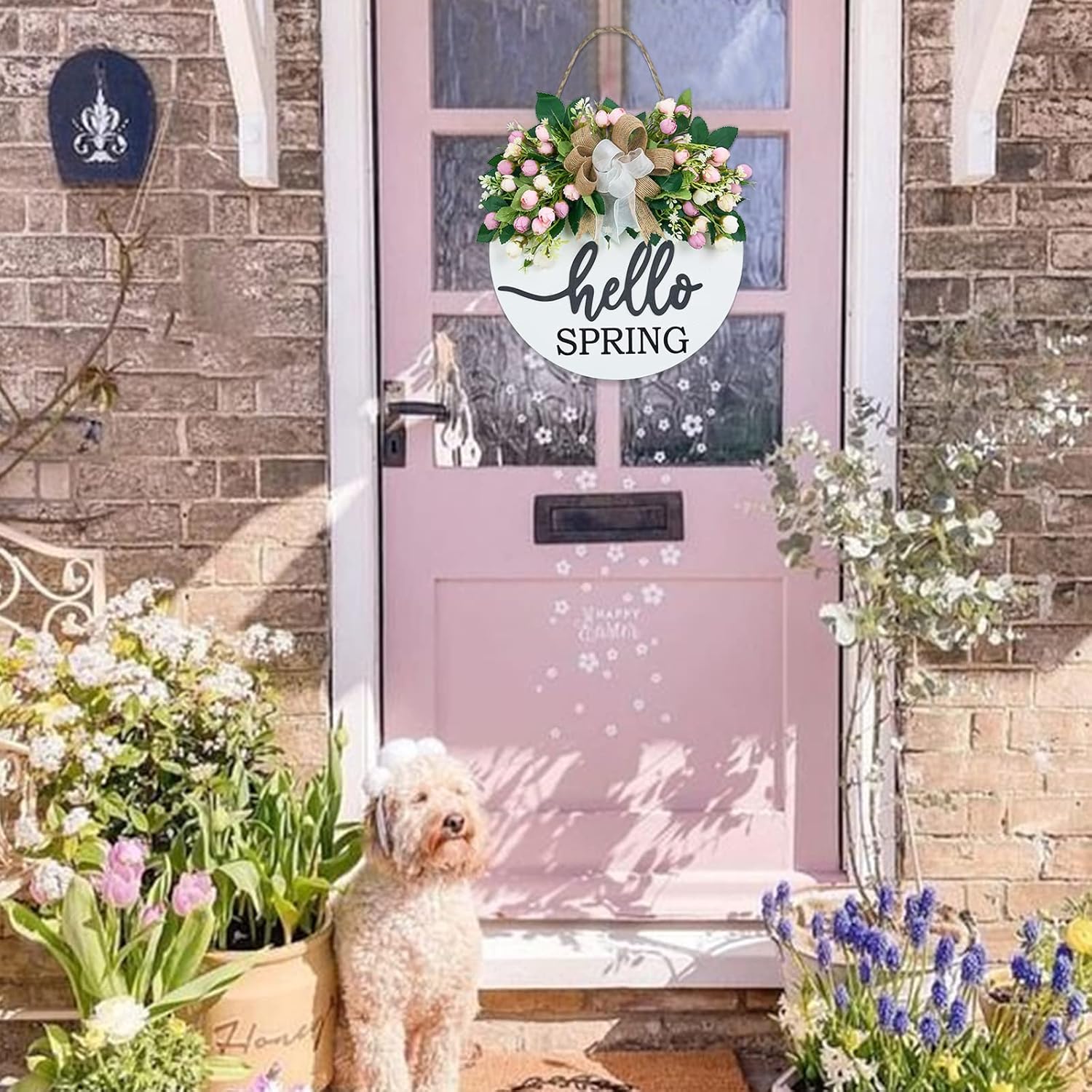 Vofuly 3D Hello Door Wreath - Pink Purple Floral 12 Inch