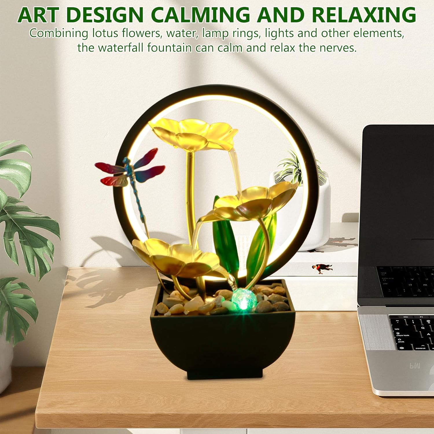 Dragonfly Tabletop Water Fountain with LED Ring Light and Humidifier