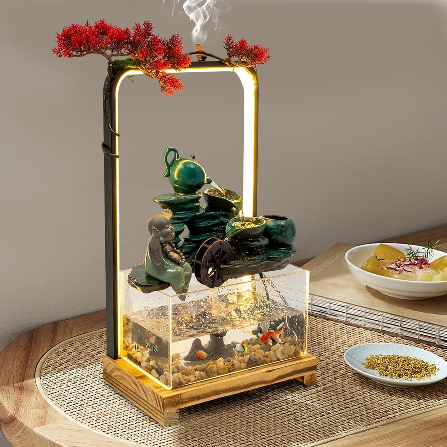 Tabletop Buddha Water Fountain with LED Light for Good Luck Wealth Decor