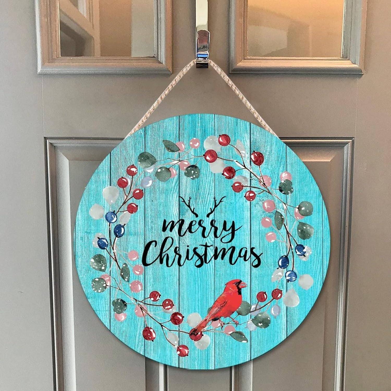 Farmhouse Door Hanger Red Bird Wreath Christmas Decor 10x10in
