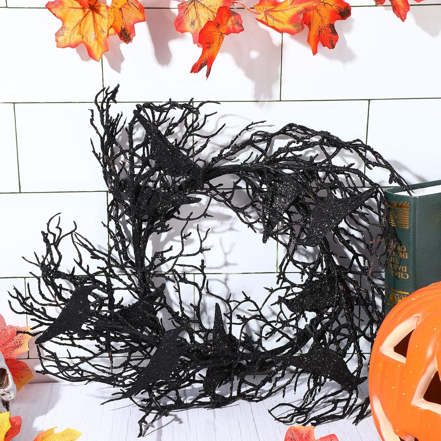 14 Inches Black Glitter Crow Halloween Wreath