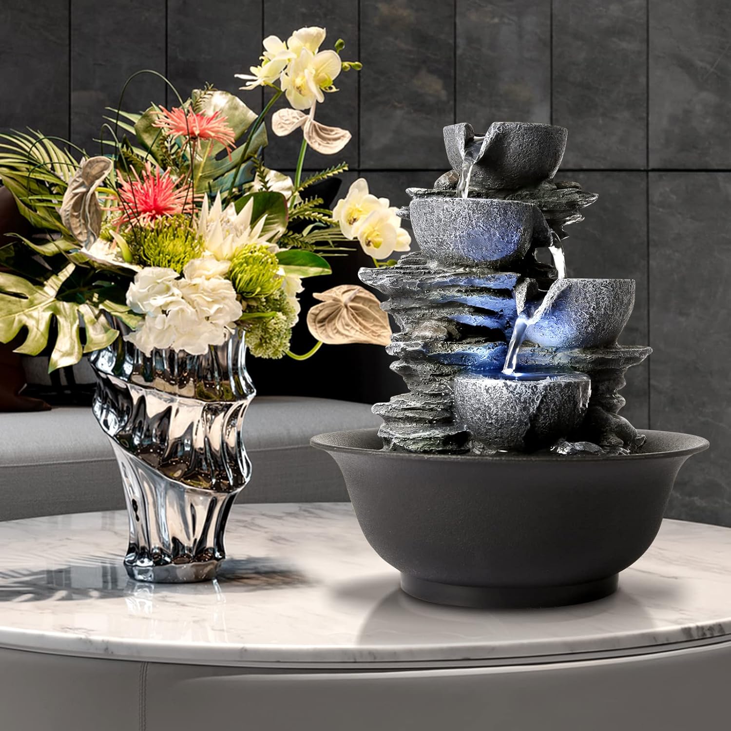 WICHEMI Tabletop Indoor Fountain with LED Light