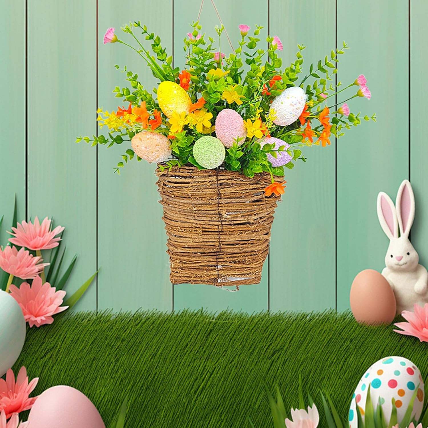 Spring Door Wreath with Wildflowers and Easter Eggs