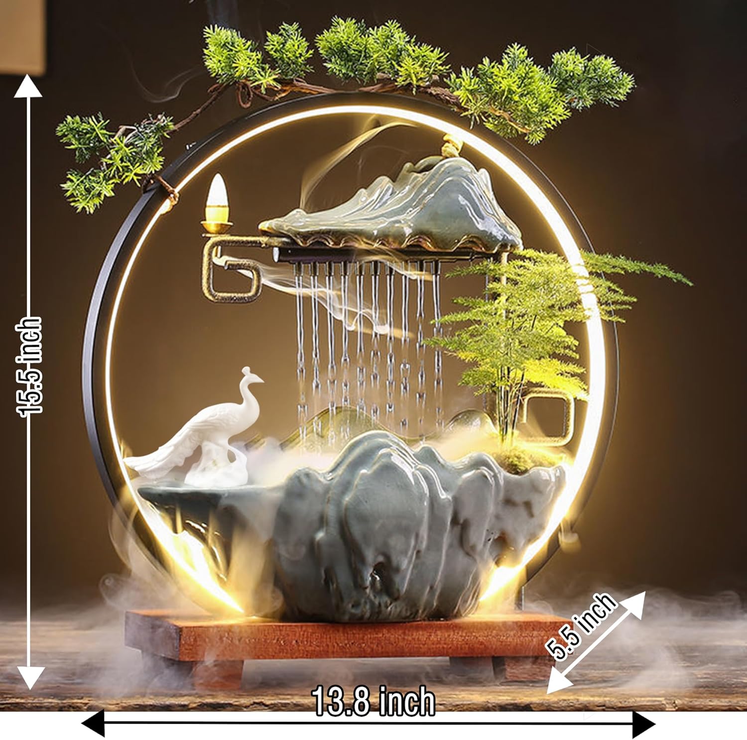 Peacock Horse Crane Animal Water Fountain with Lights and Mist