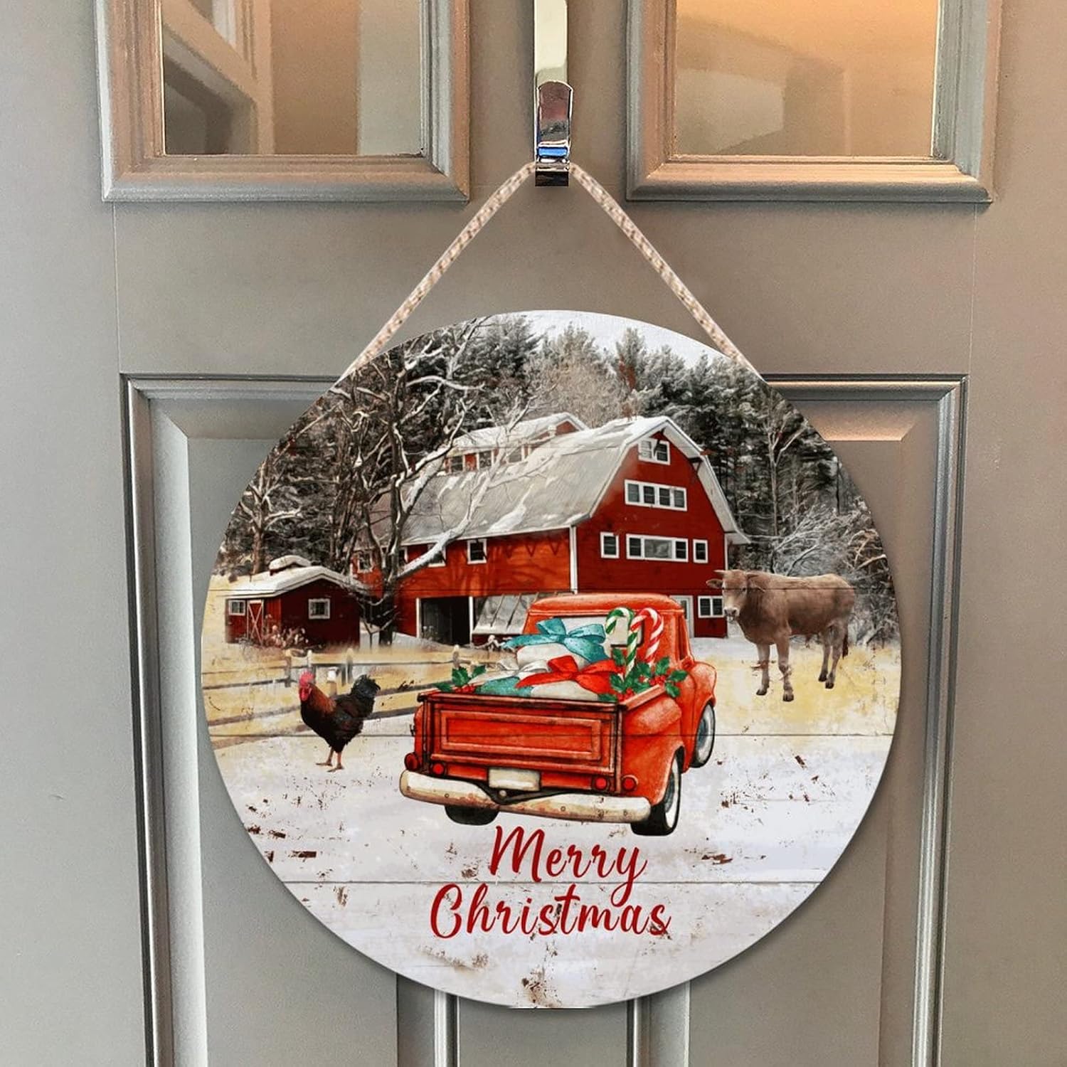 Farmhouse Front Door Hanger with Christmas Animals and Tree