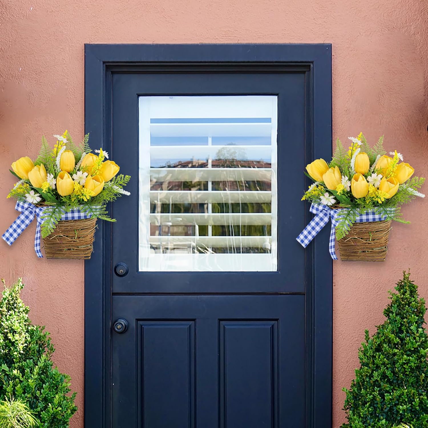 Belupai Spring Door Wreath with Artificial Tulips and Plaid Bow