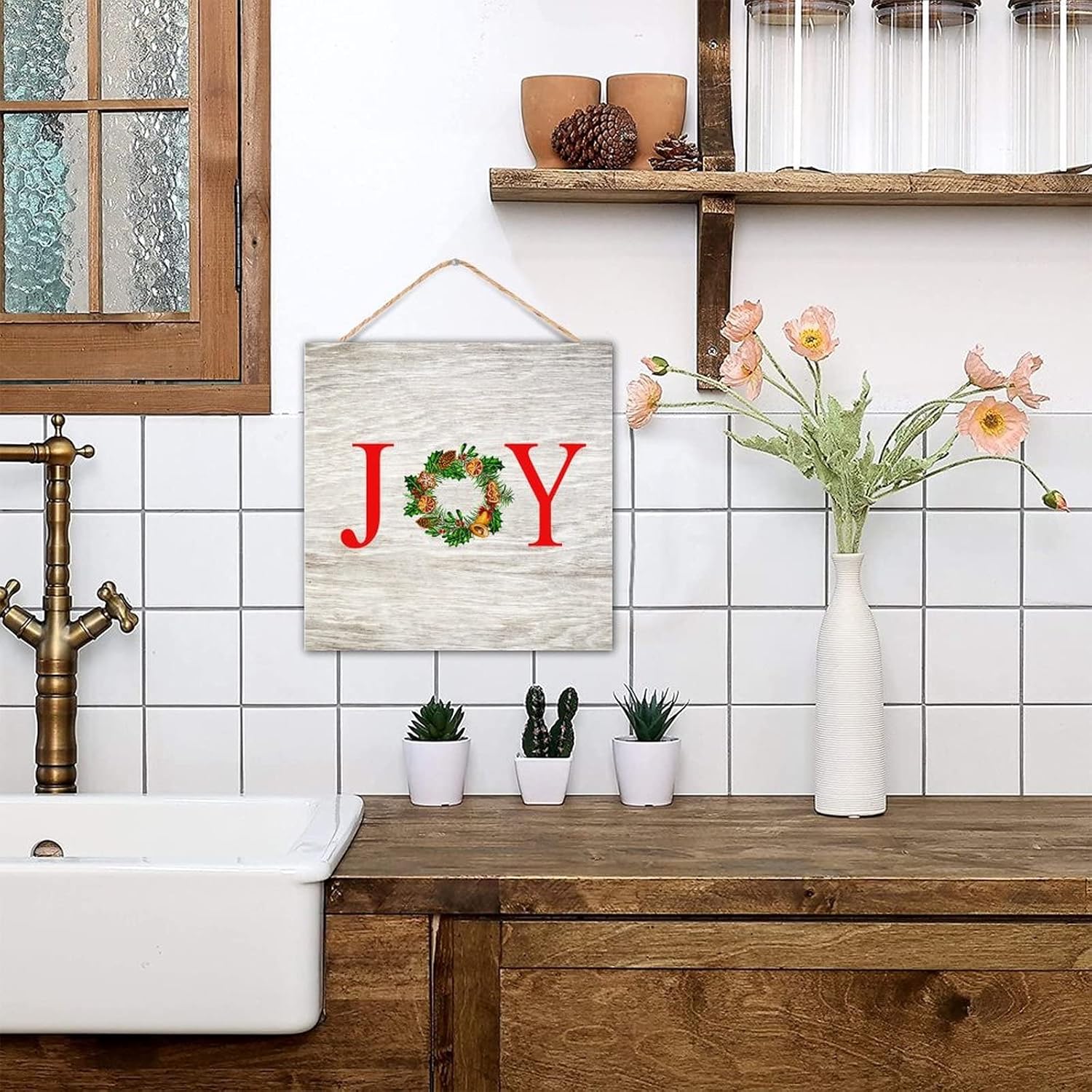 CustonCares Joy Christmas Flowers Wreath Wooden Sign