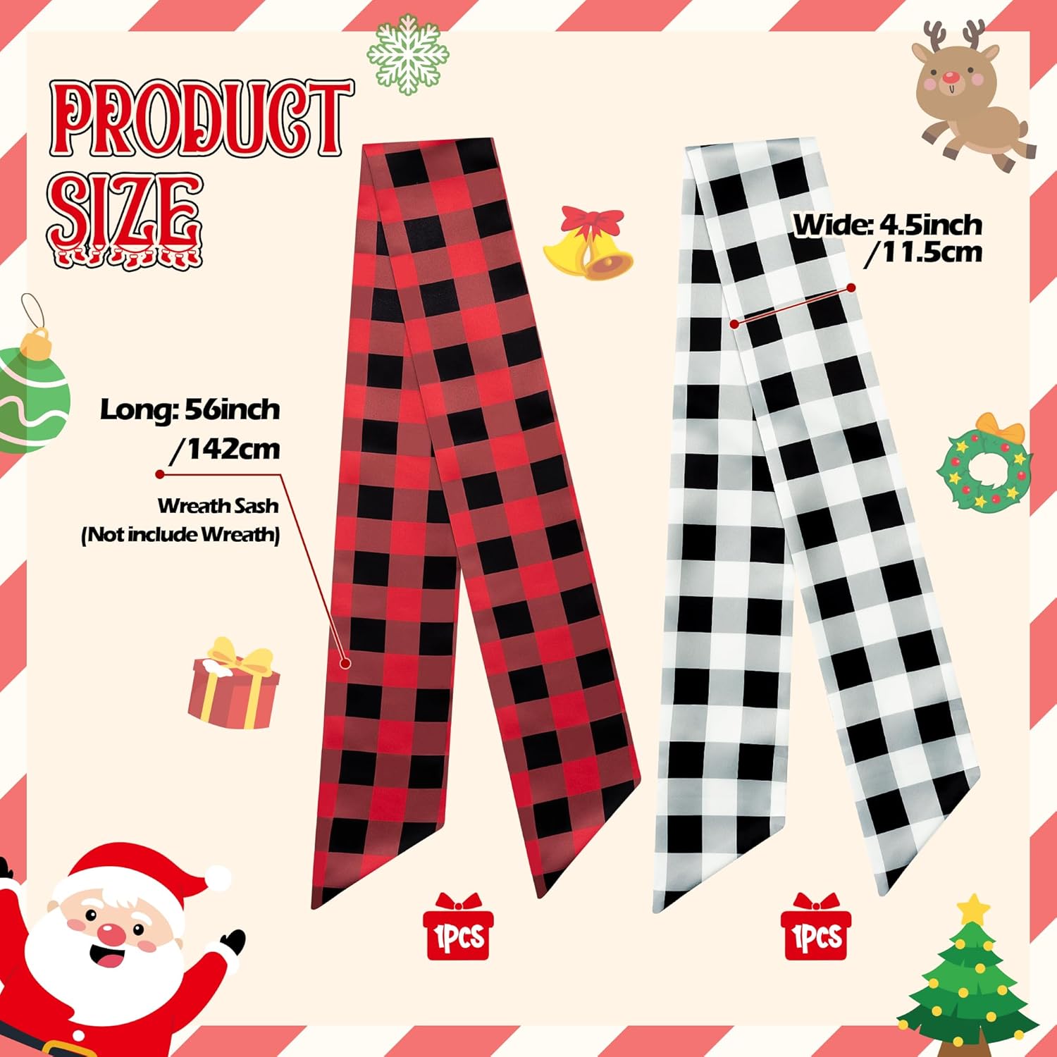 WATINC Christmas Wreath Sash - 2pcs Buffalo Check DIY Decor