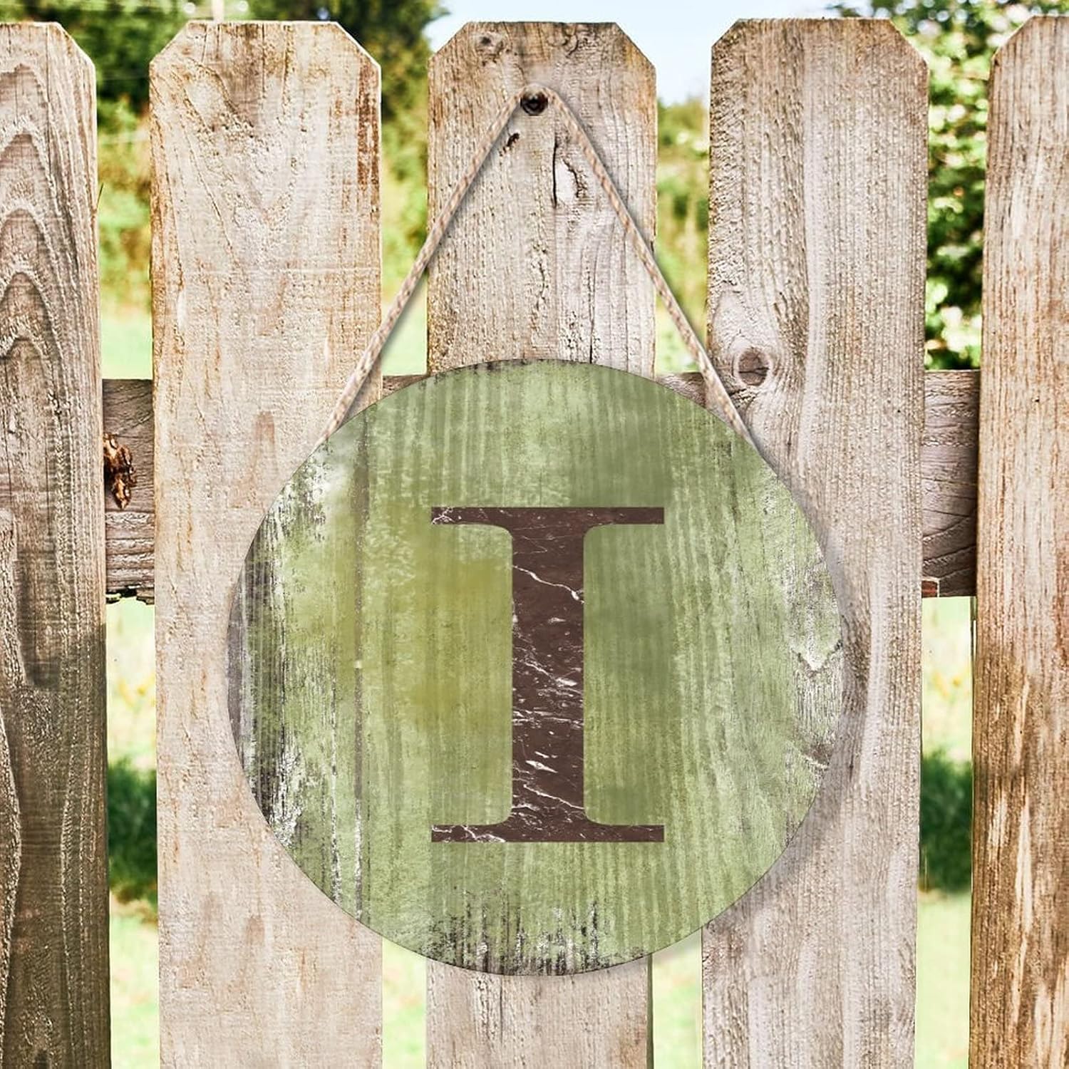 Farmhouse Front Door Hanger Distressed Green Wood Initial I Sign