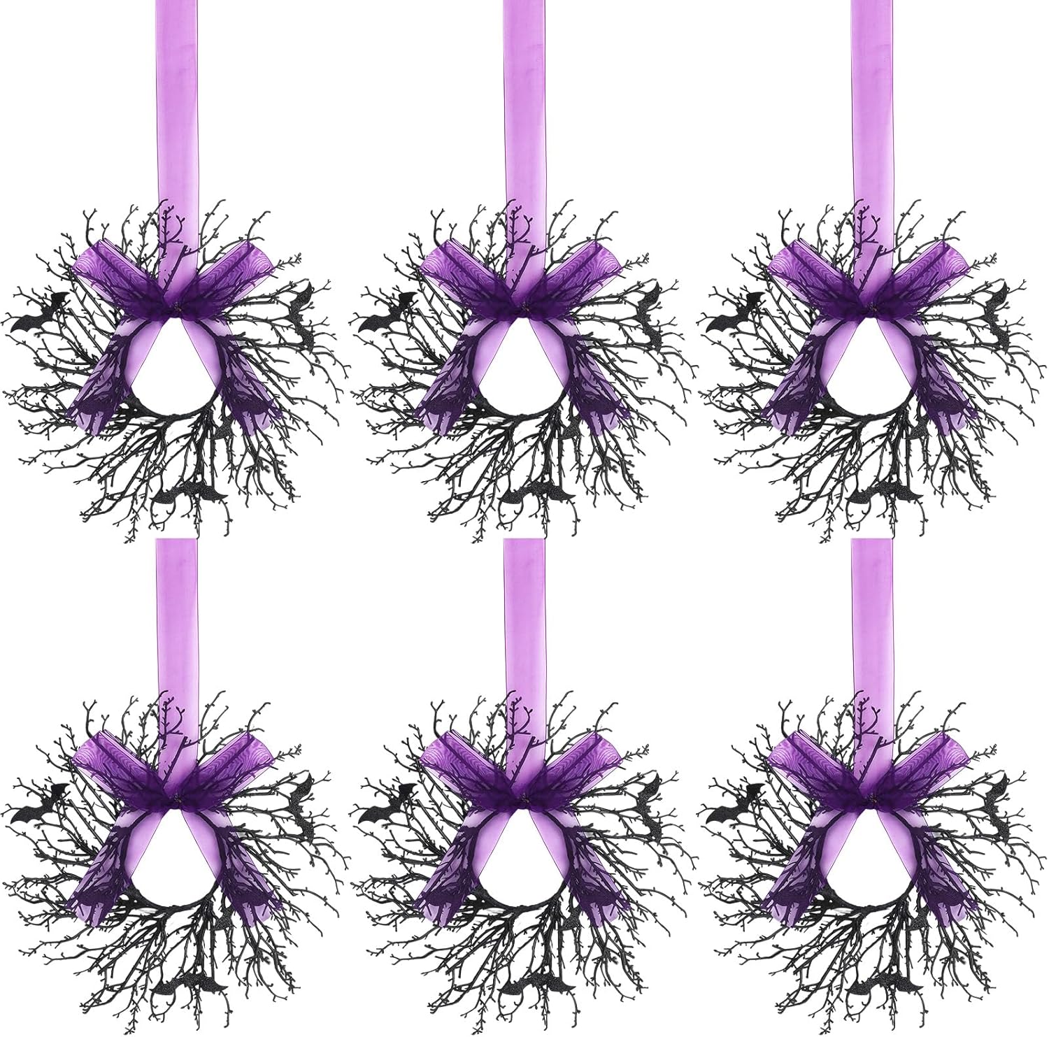 6 Pack Halloween Black Wreaths with Ribbon