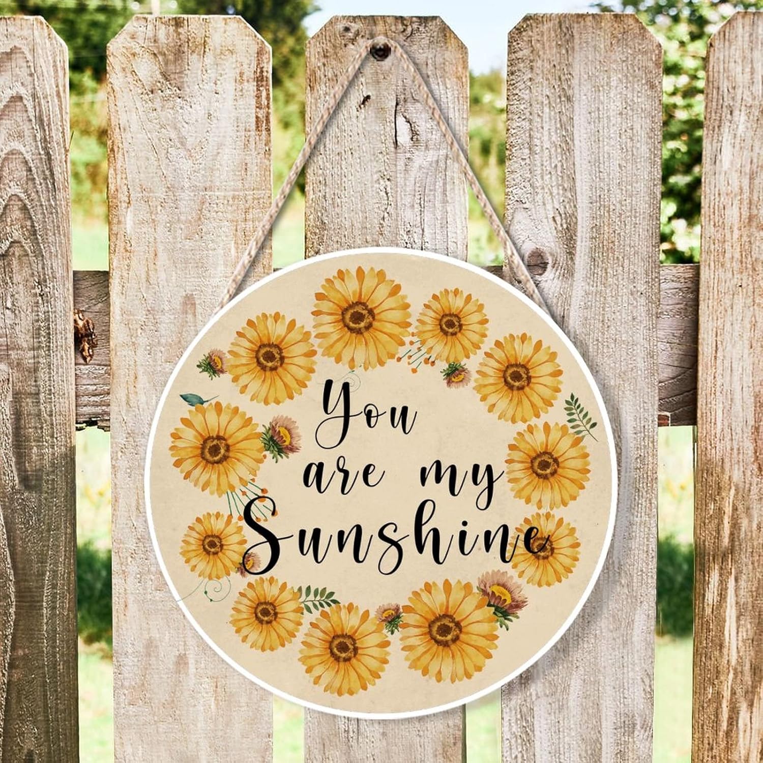 Farmhouse Door Hanger Vintage Sunflower Wreath Bee Wood Sign 12x12in