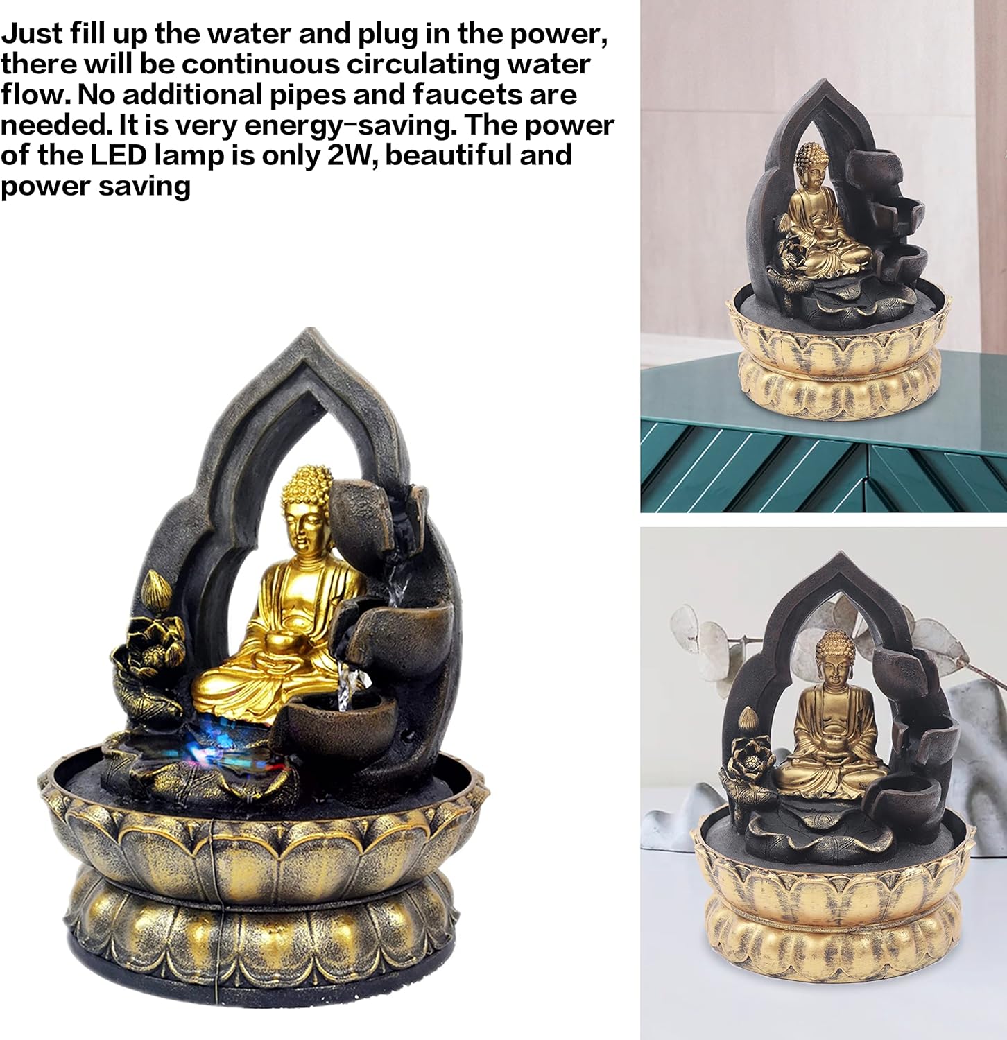 11 Inch Gold Buddha Tabletop Fountain with LED Light