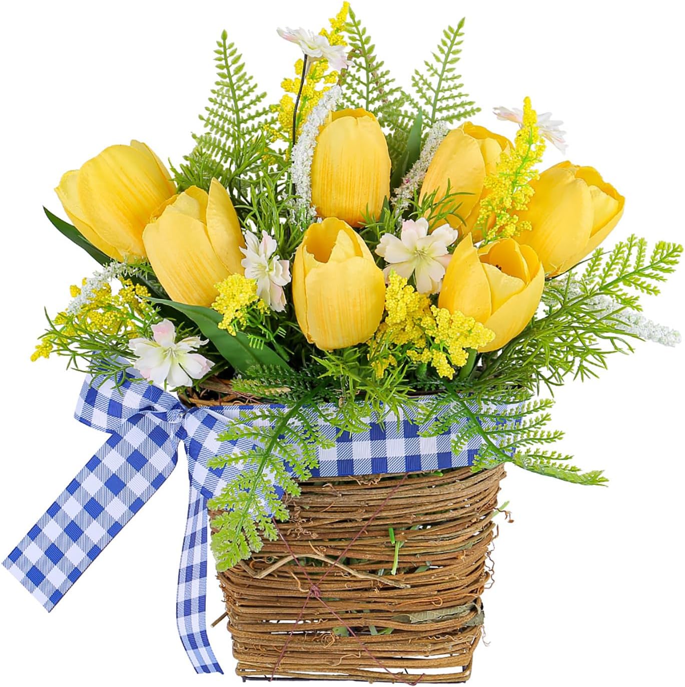 Belupai Spring Door Wreath with Artificial Tulips and Plaid Bow
