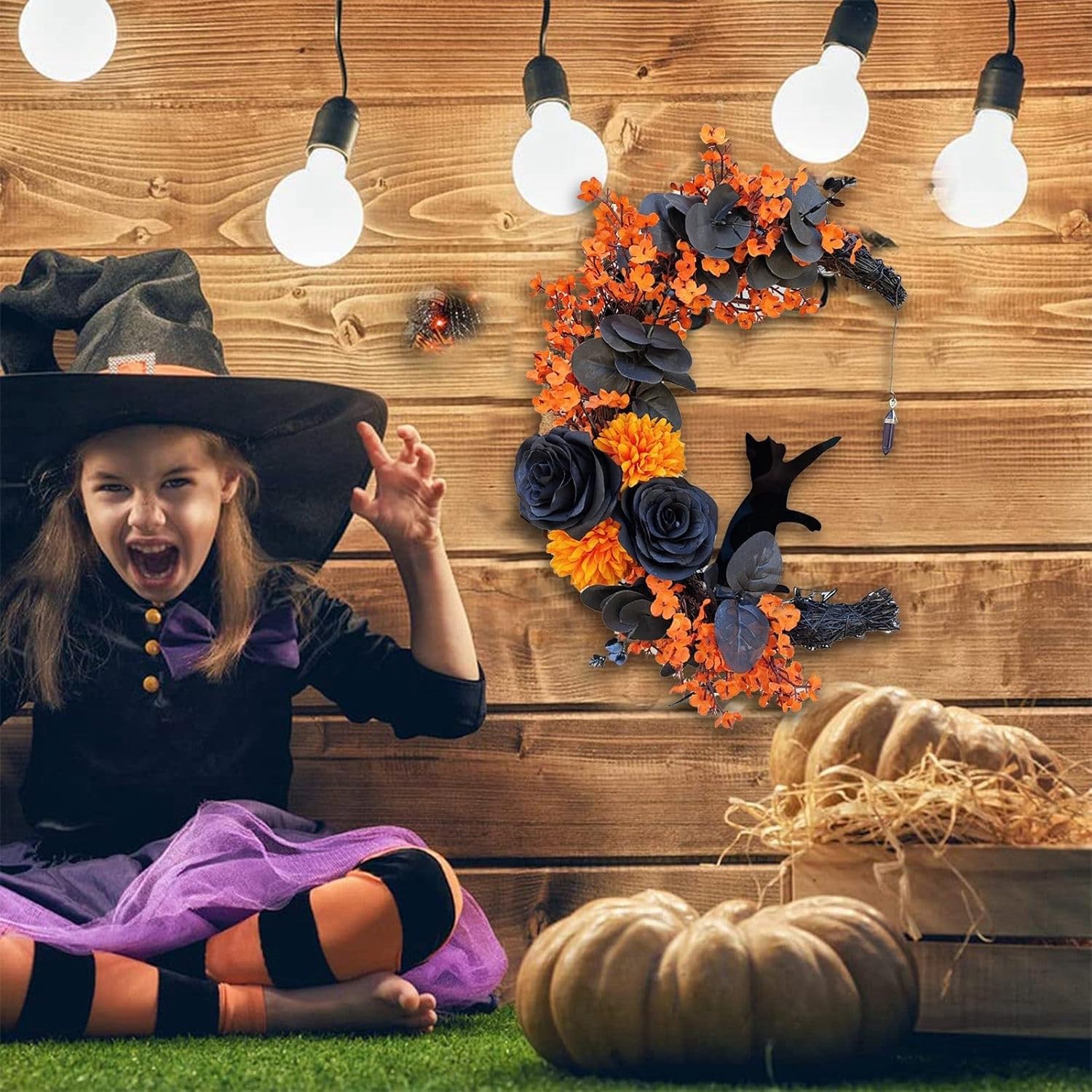 Halloween Wreath with Black Cat and Crescent Moon Design
