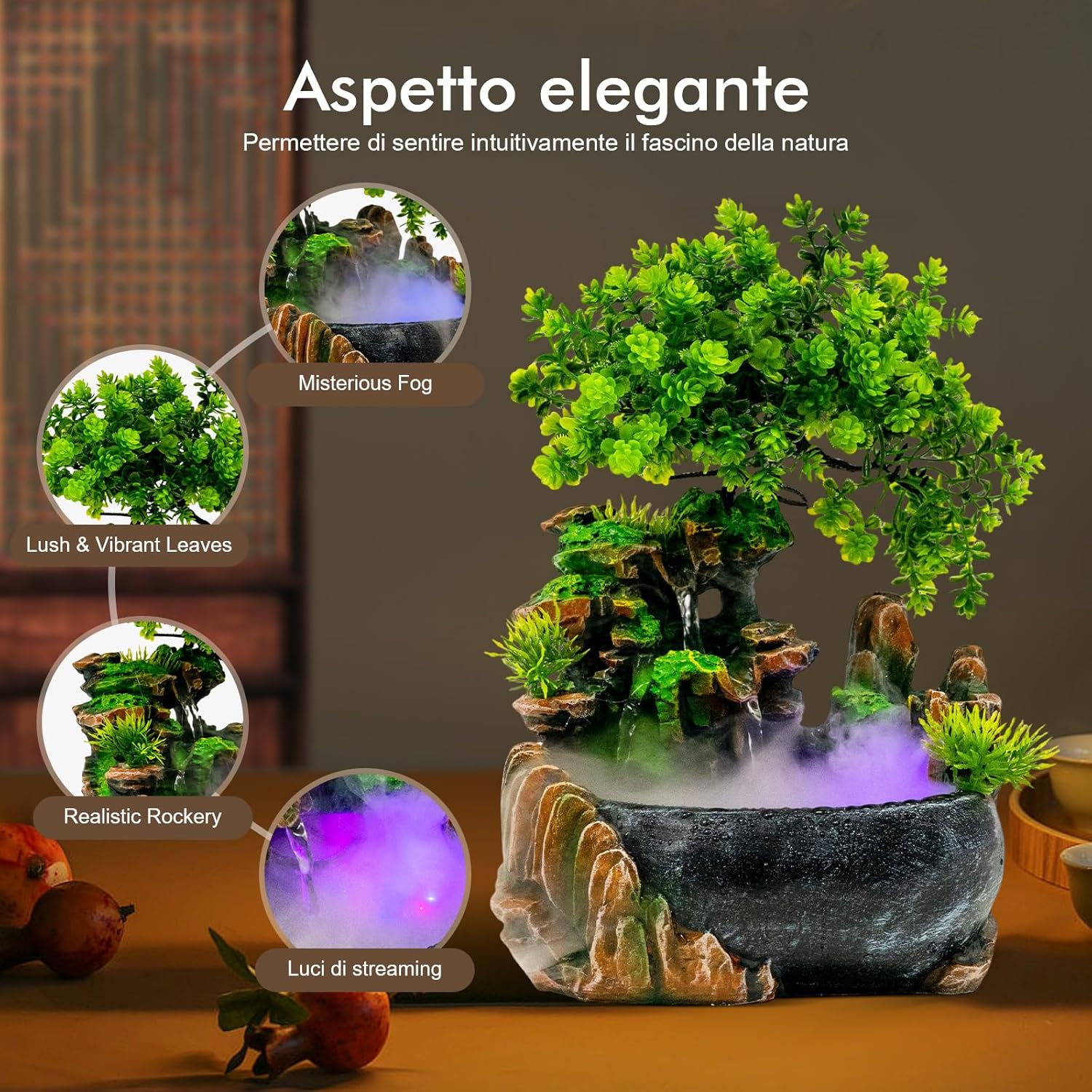 DYRABREST Tabletop Rockery Fountain with LED Light and Automatic Pump