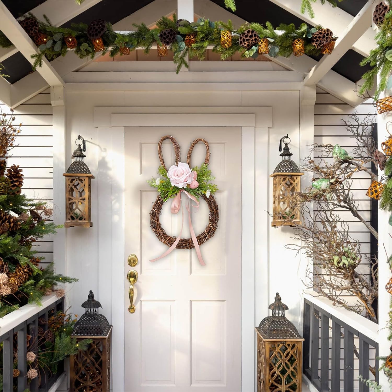 Easter Bunny Wreath Door Decoration with Rattan Frame