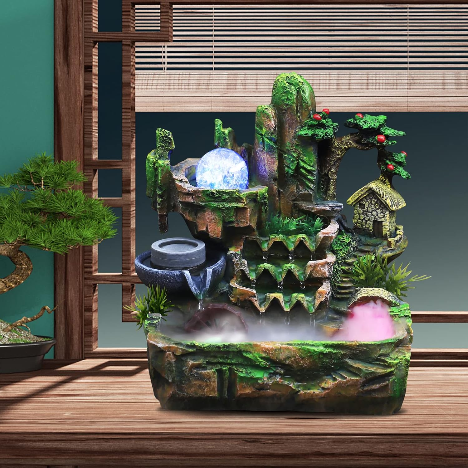 Waterfall Fountain Tabletop Rockery with Atomizer and LED Lights