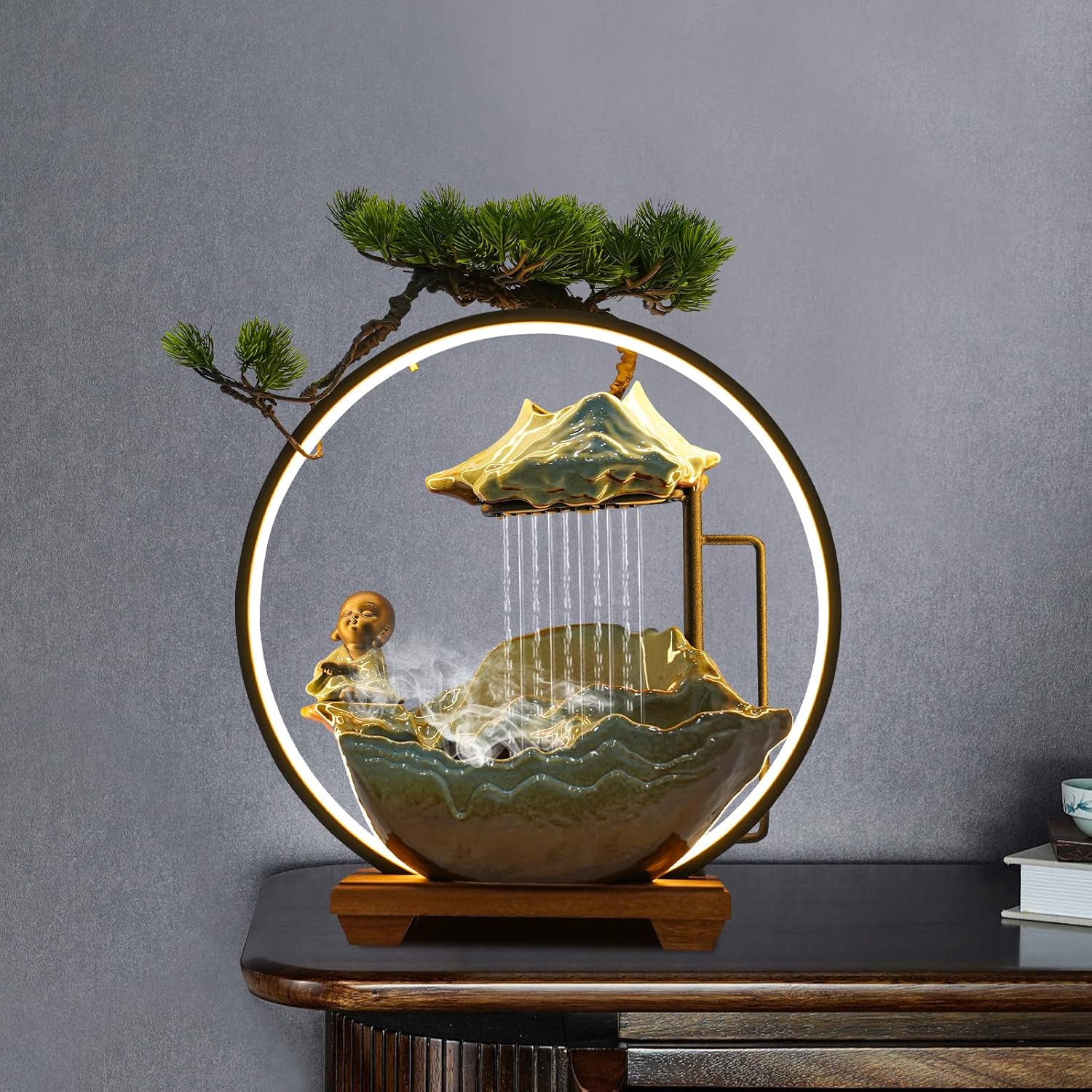 Little Monk Waterfall Indoor Fountain with LED Light and Mist