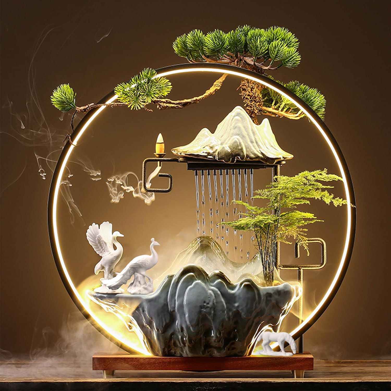 Peacock Horse Crane Animal Water Fountain with Lights and Mist