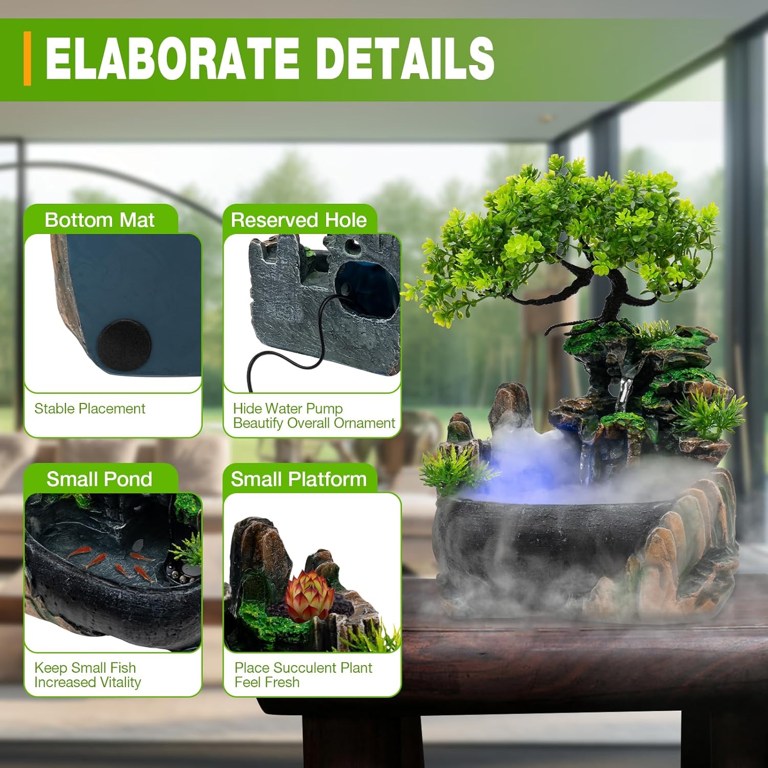 Elegant LED Water Fountain with Humidifier and Pump