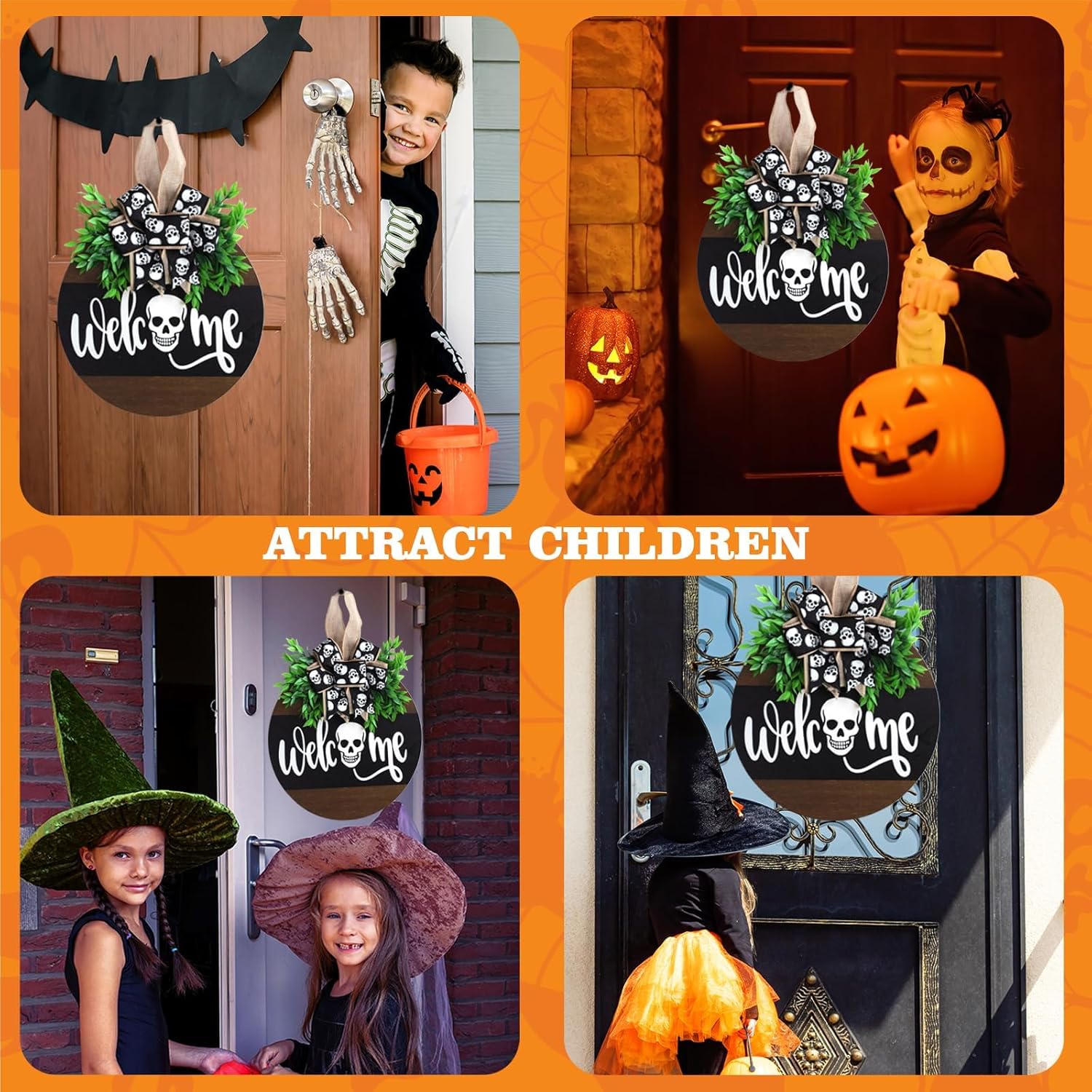 Halloween Wooden Welcome Sign with Spooky Skull and Bow