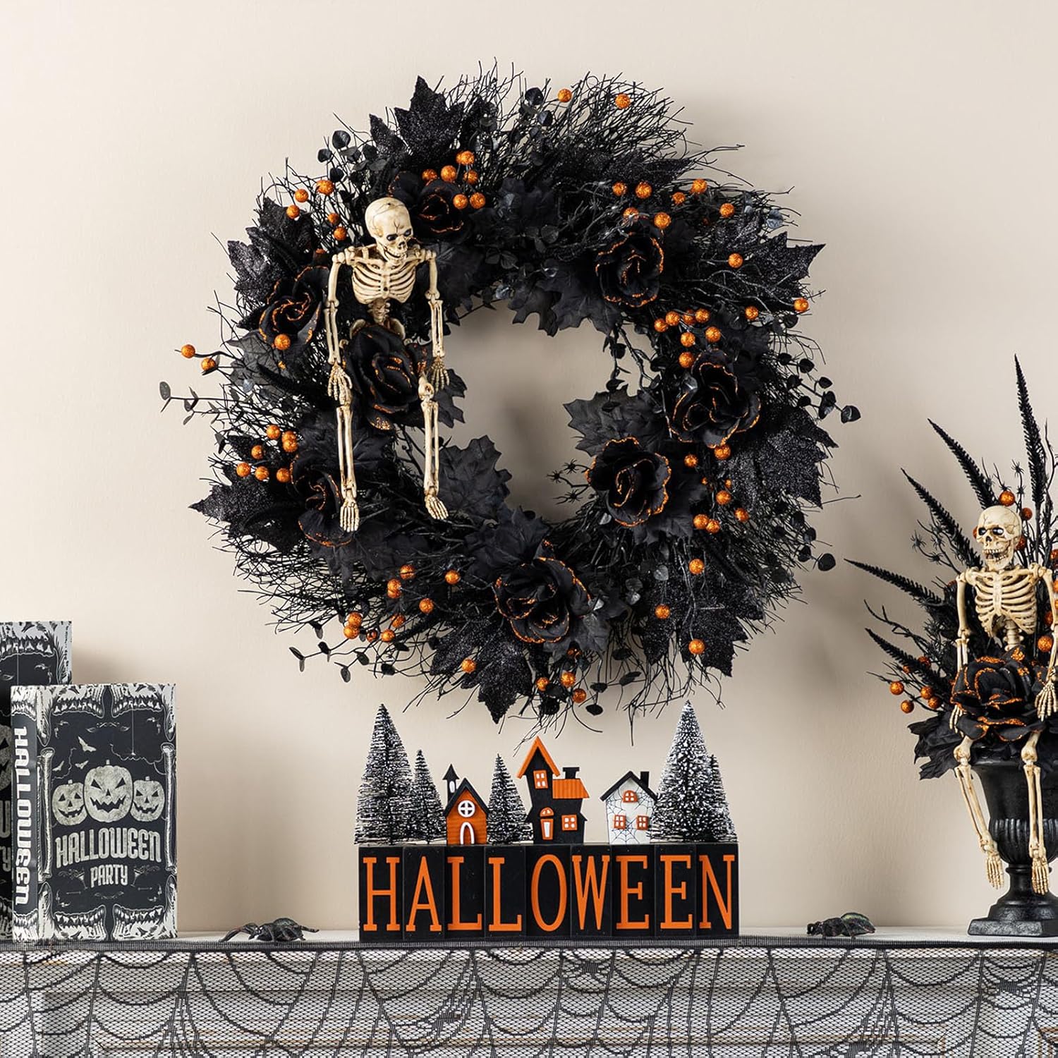 Glitzhome 24 Inch Halloween Wreath Black Rose Skeleton