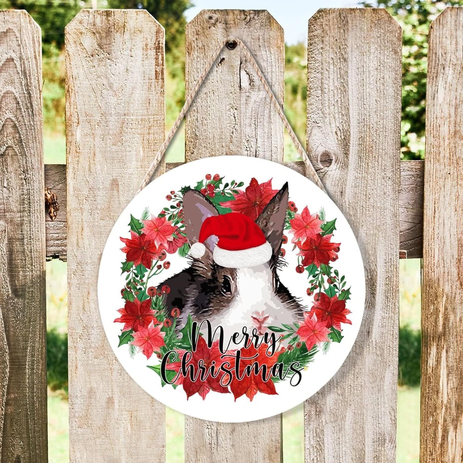 Cute Christmas Rabbit Door Hanger with Holly Wreath