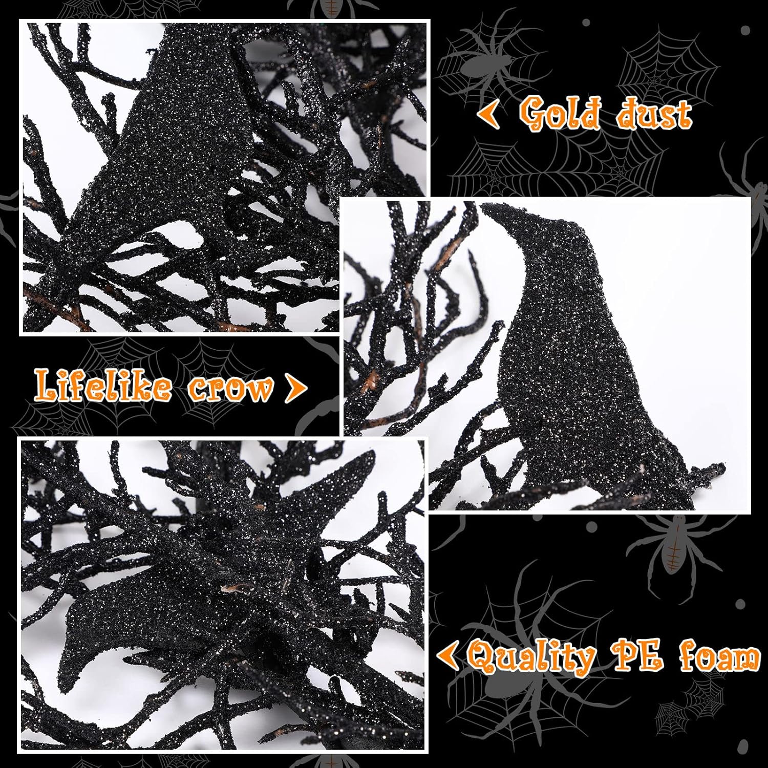 14 Inches Black Glitter Crow Halloween Wreath