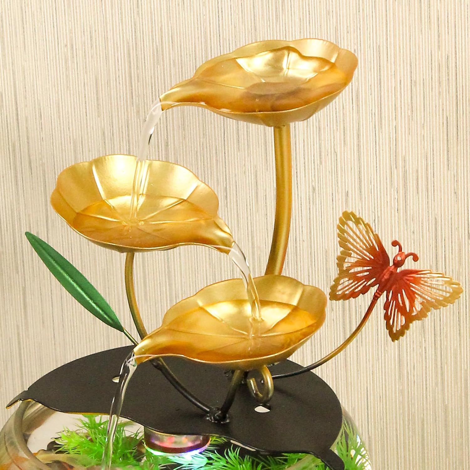Modern Gold Indoor Water Fountain with Butterfly and Aquatic Plants 1