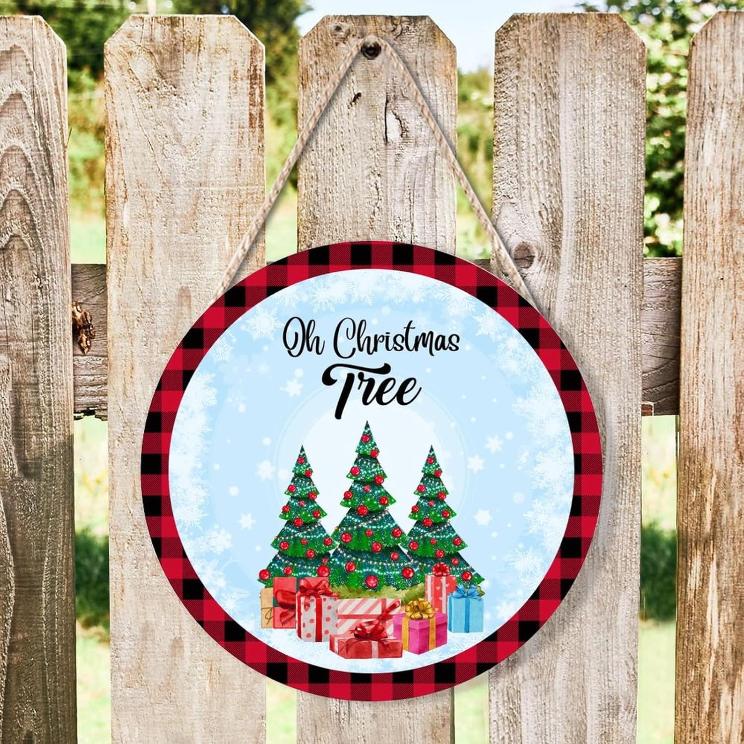 Farmhouse Door Hanger 12x12in Wood Sign Snowflake Christmas Tree
