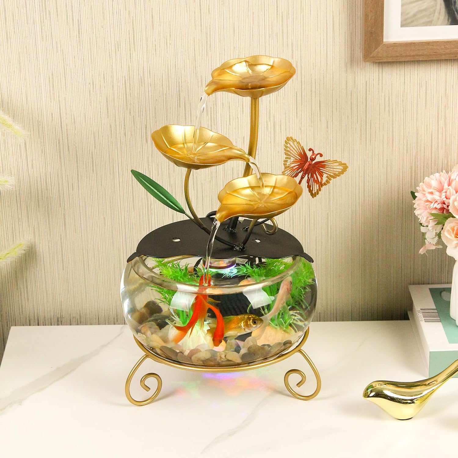 Modern Gold Indoor Water Fountain with Butterfly and Aquatic Plants 1