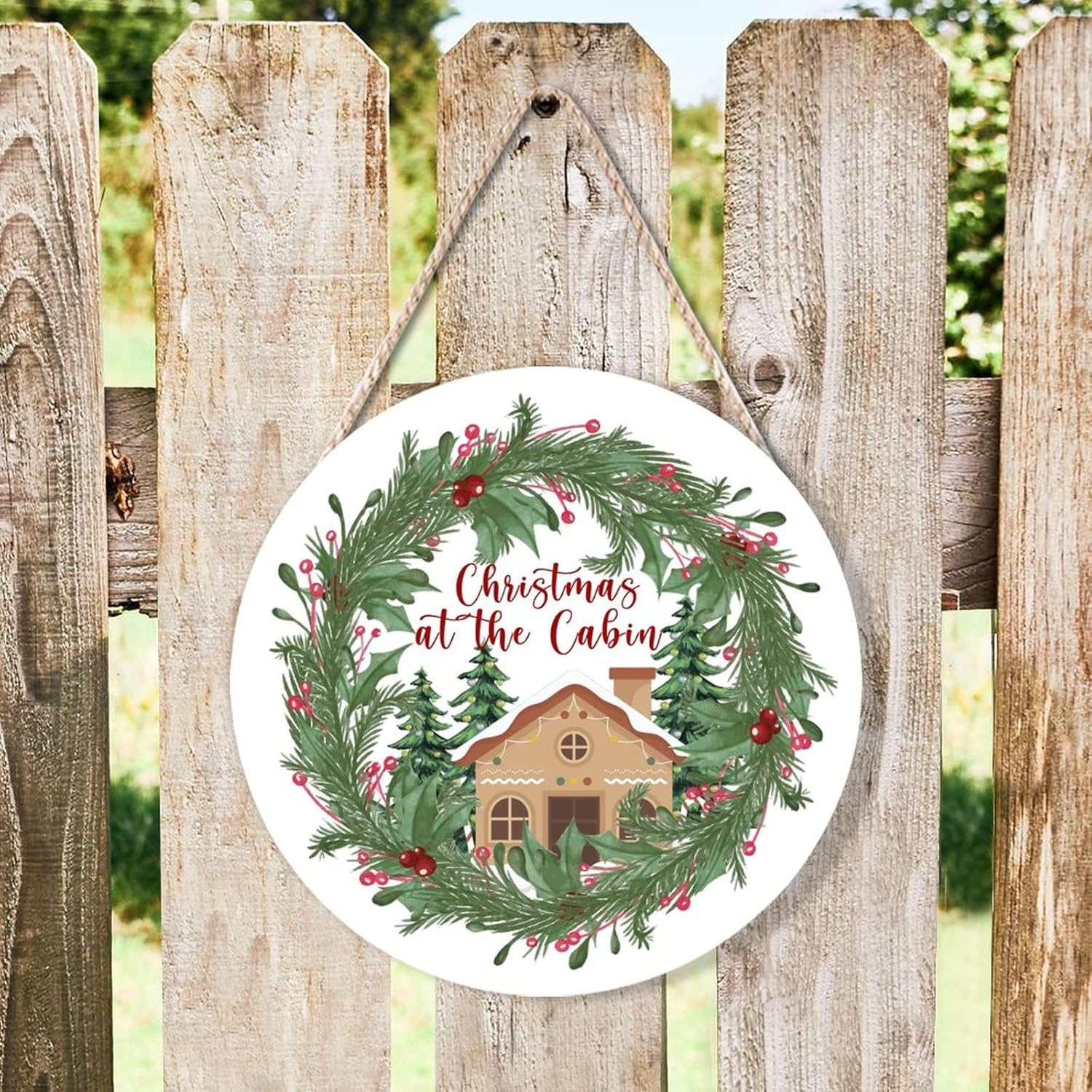 Christmas Cabin Holly Wreath Wood Door Hanger 10x10in