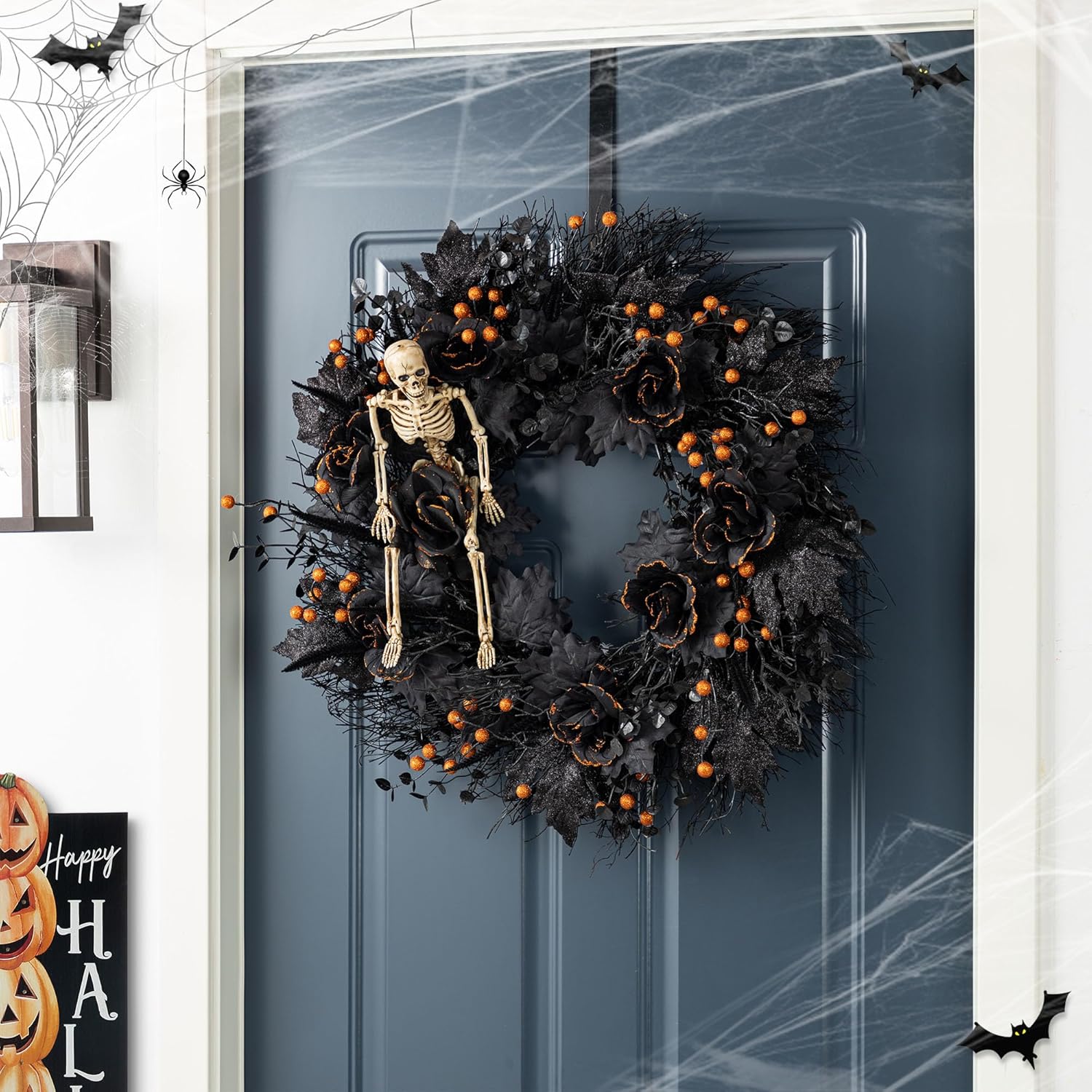Glitzhome 24 Inch Halloween Wreath Black Rose Skeleton