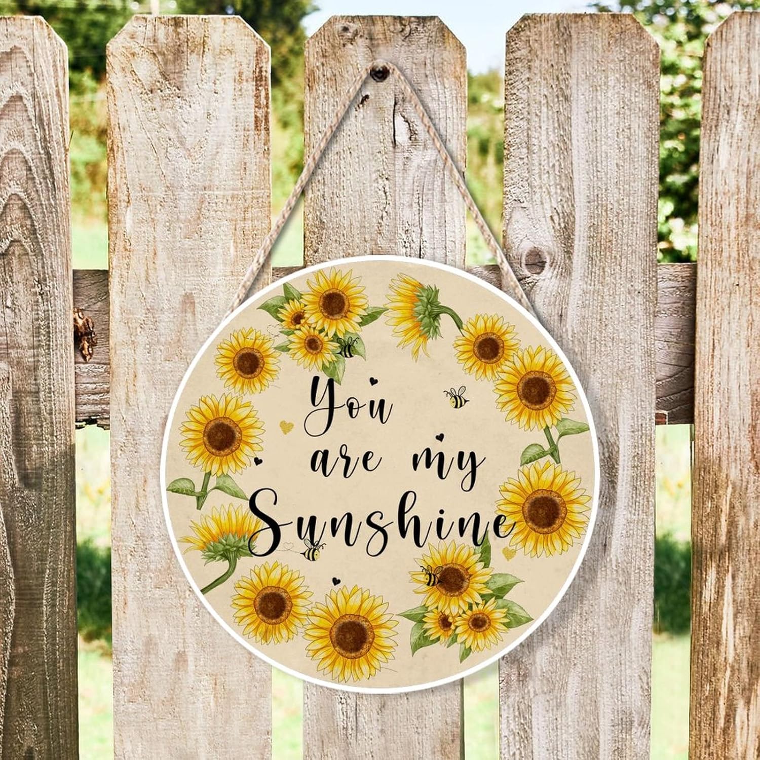 Farmhouse Front Door Hanger Sunflower Wreath Bee Wood Sign for Kids Girls Women 10x10in