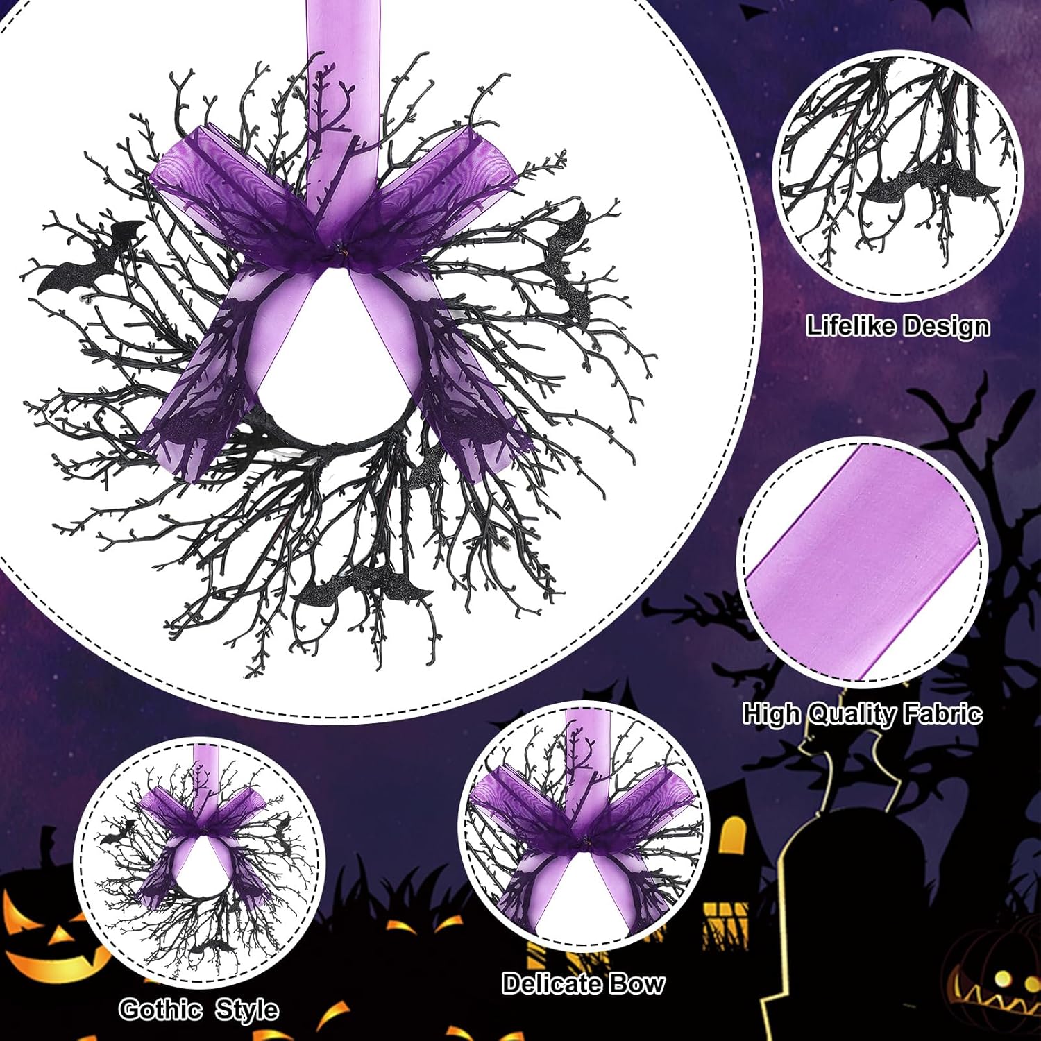 6 Pack Halloween Black Wreaths with Ribbon