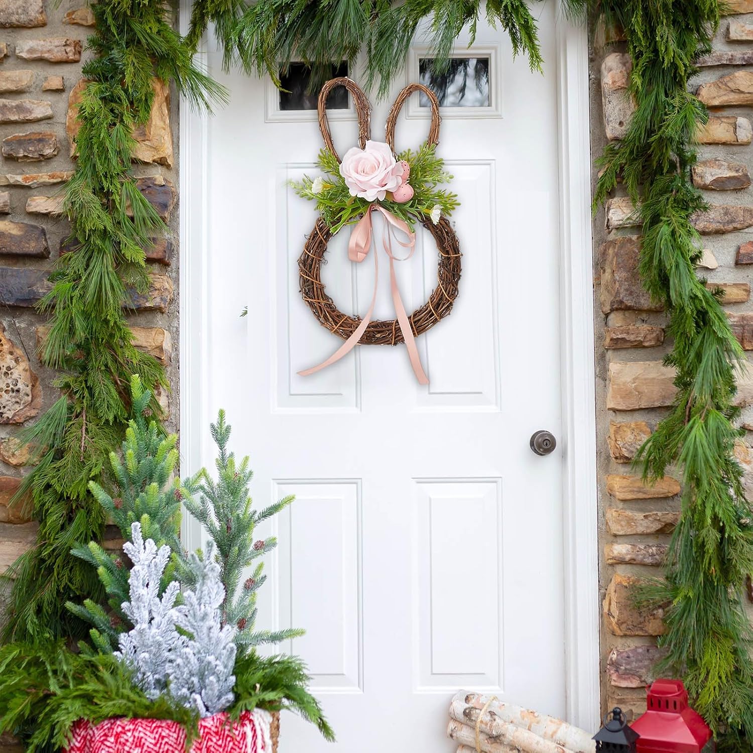Easter Bunny Wreath Door Decoration with Rattan Frame