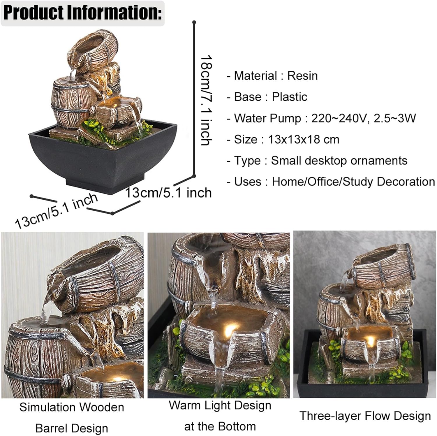 3-Tier Resin Tabletop Fountain with LED Light
