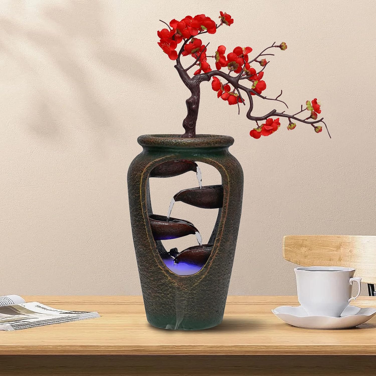 20 Inch Tabletop Decorative Flower Vase Water Fountain Humidifier with LED Lights