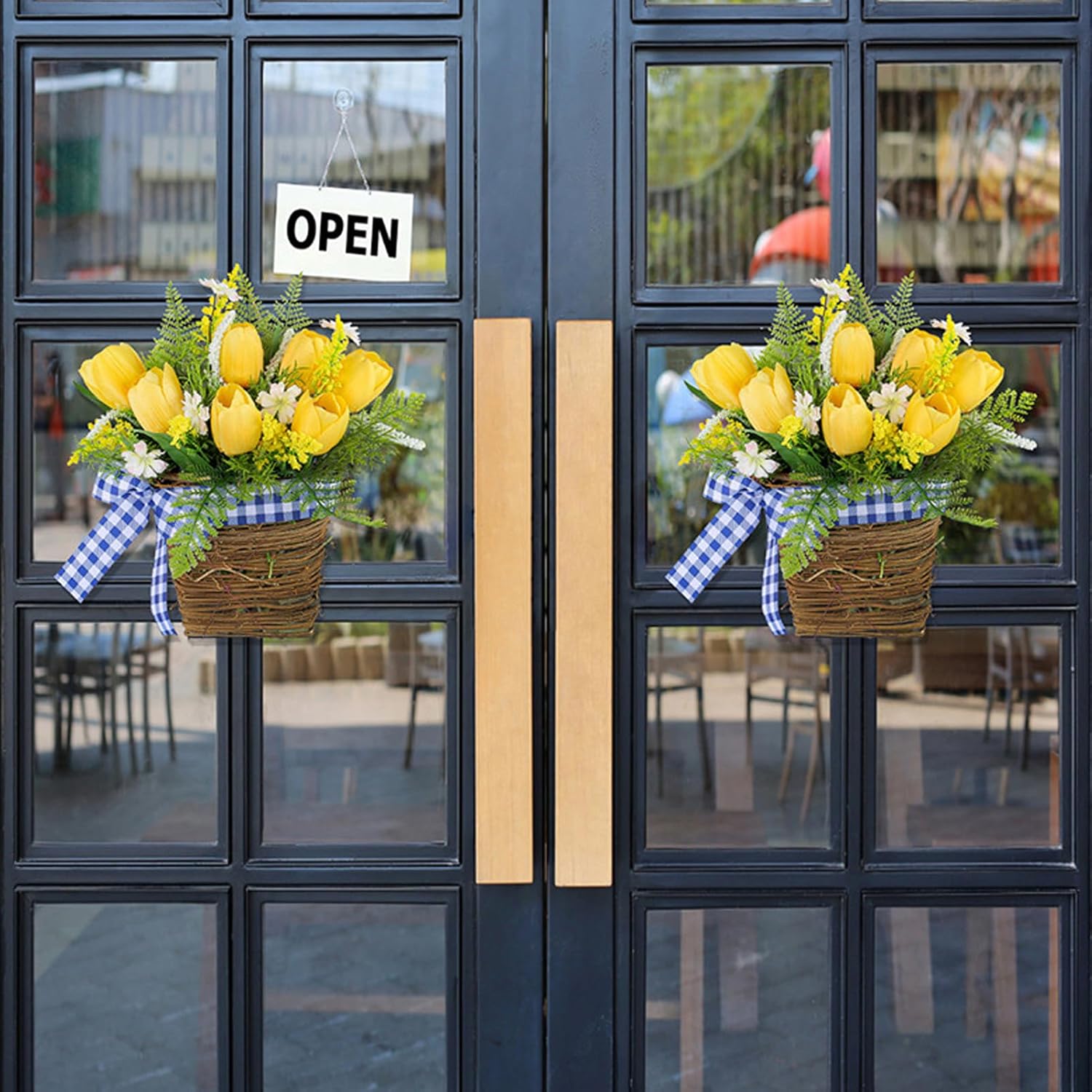 Belupai Spring Door Wreath with Artificial Tulips and Plaid Bow