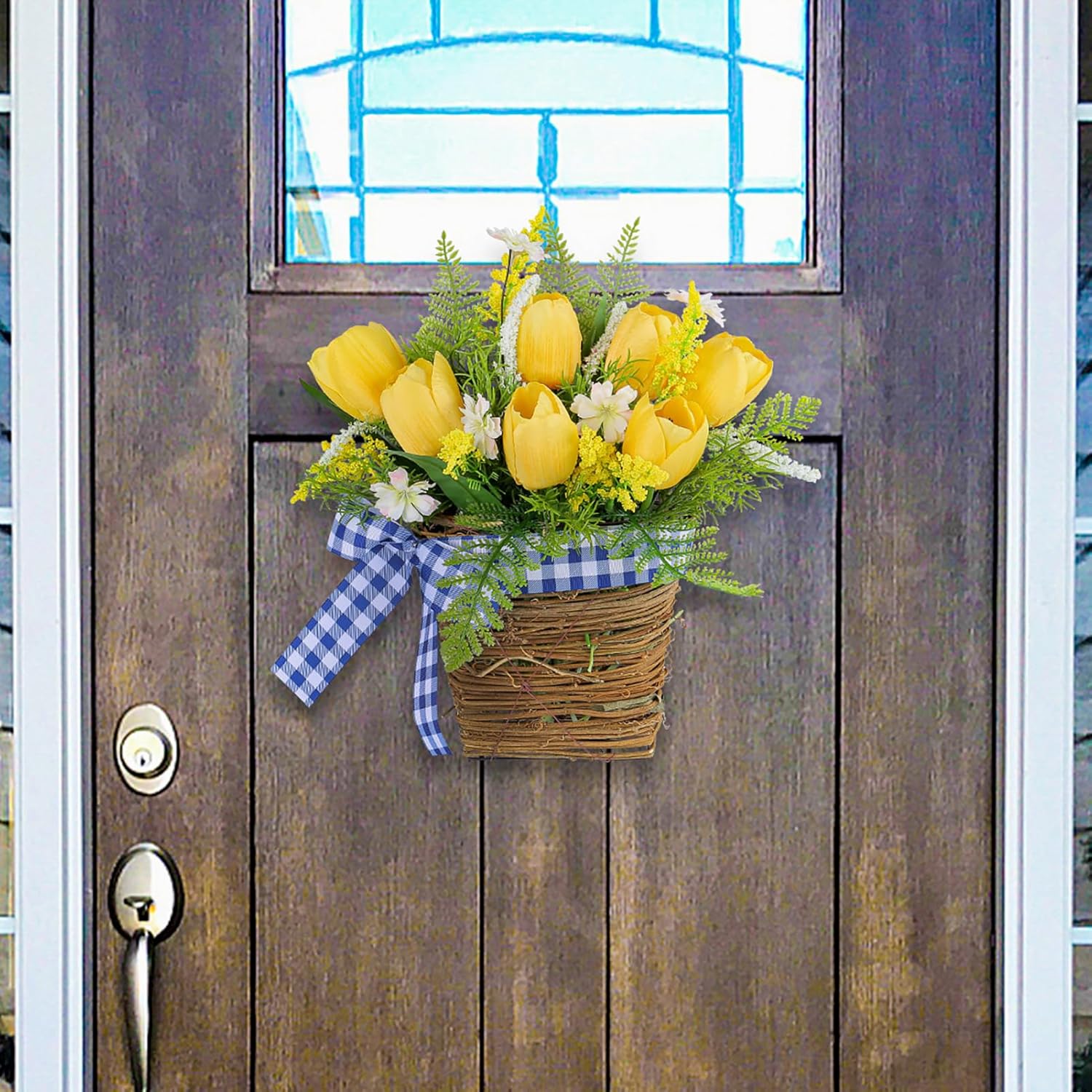 Belupai Spring Door Wreath with Artificial Tulips and Plaid Bow