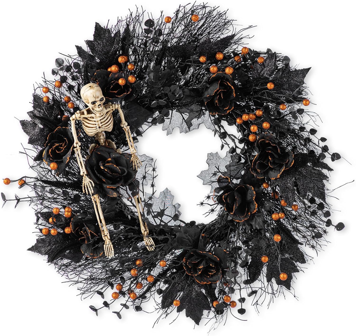 Glitzhome 24 Inch Halloween Wreath Black Rose Skeleton