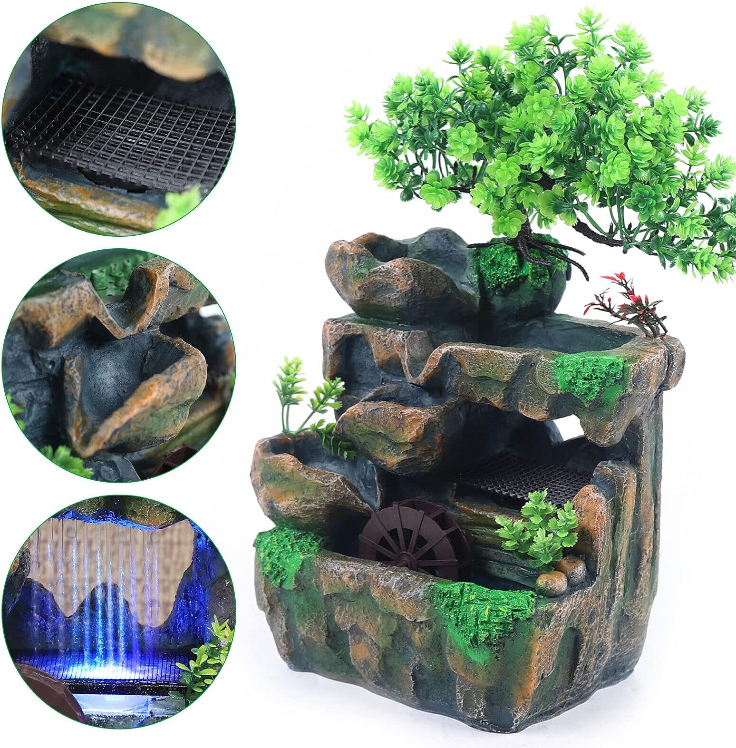 Mini Rockery Waterfall Fountain with LED Light for Home Office Bedroom Decoration