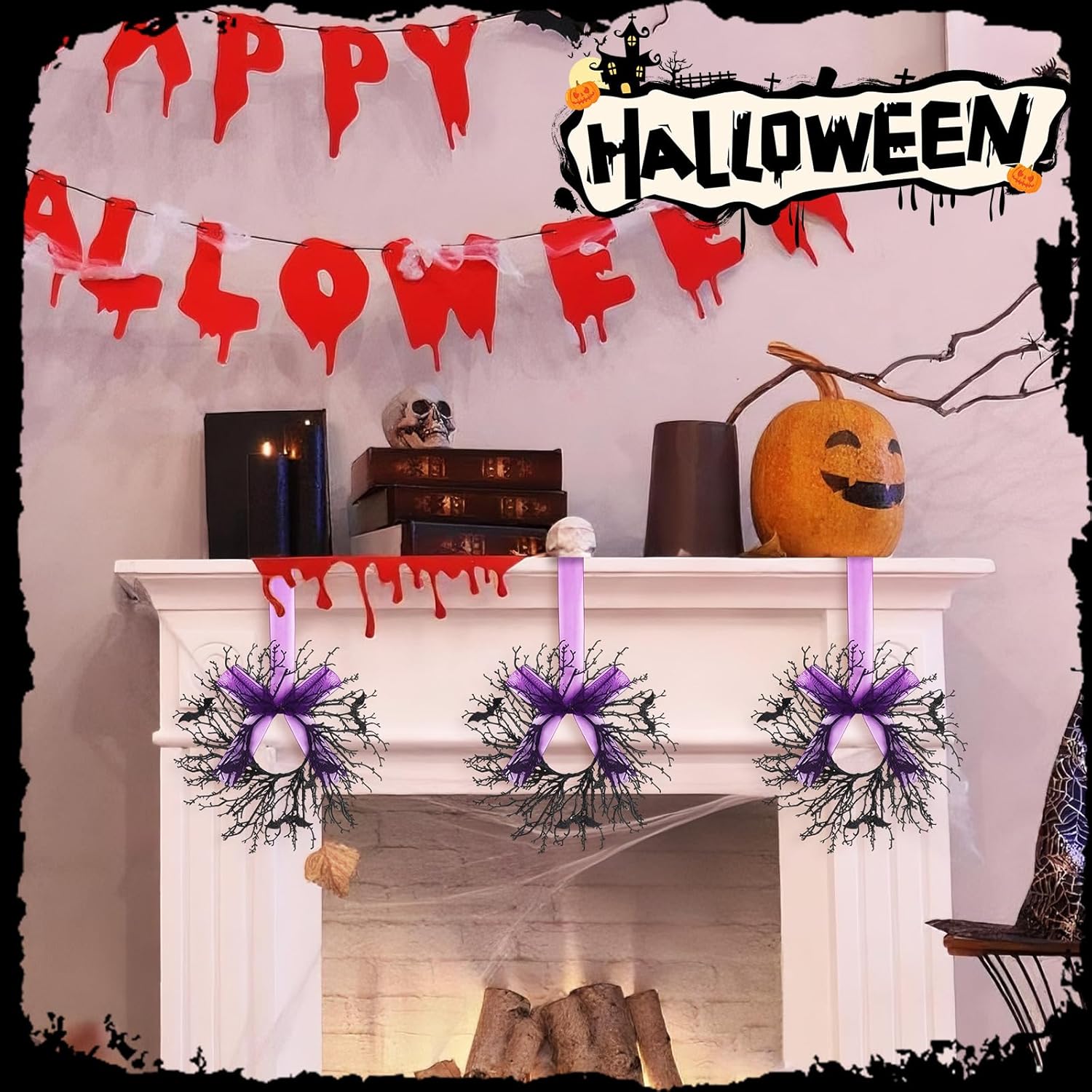 6 Pack Halloween Black Wreaths with Ribbon
