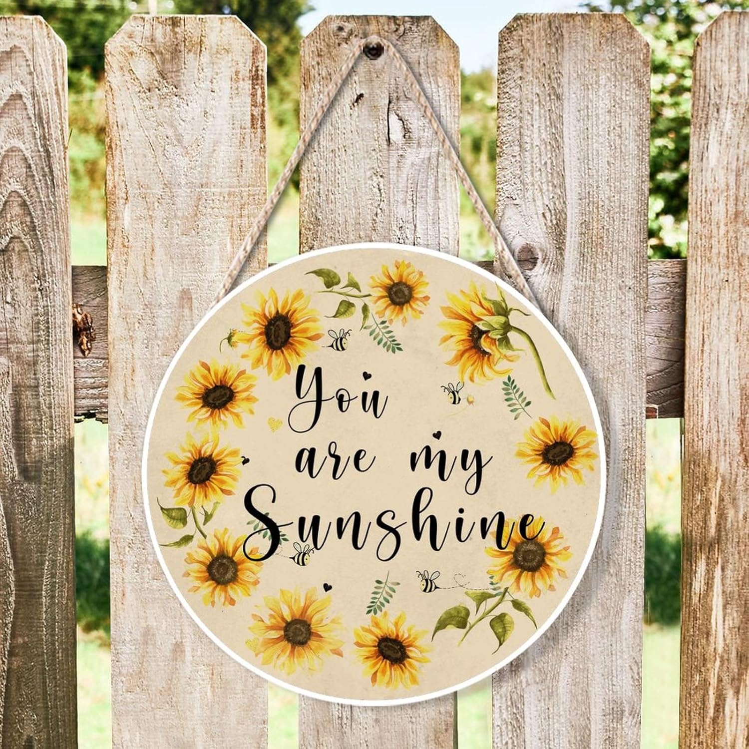 Farmhouse Front Door Hanger Vintage Sunflower Wreath Bee Wood Sign