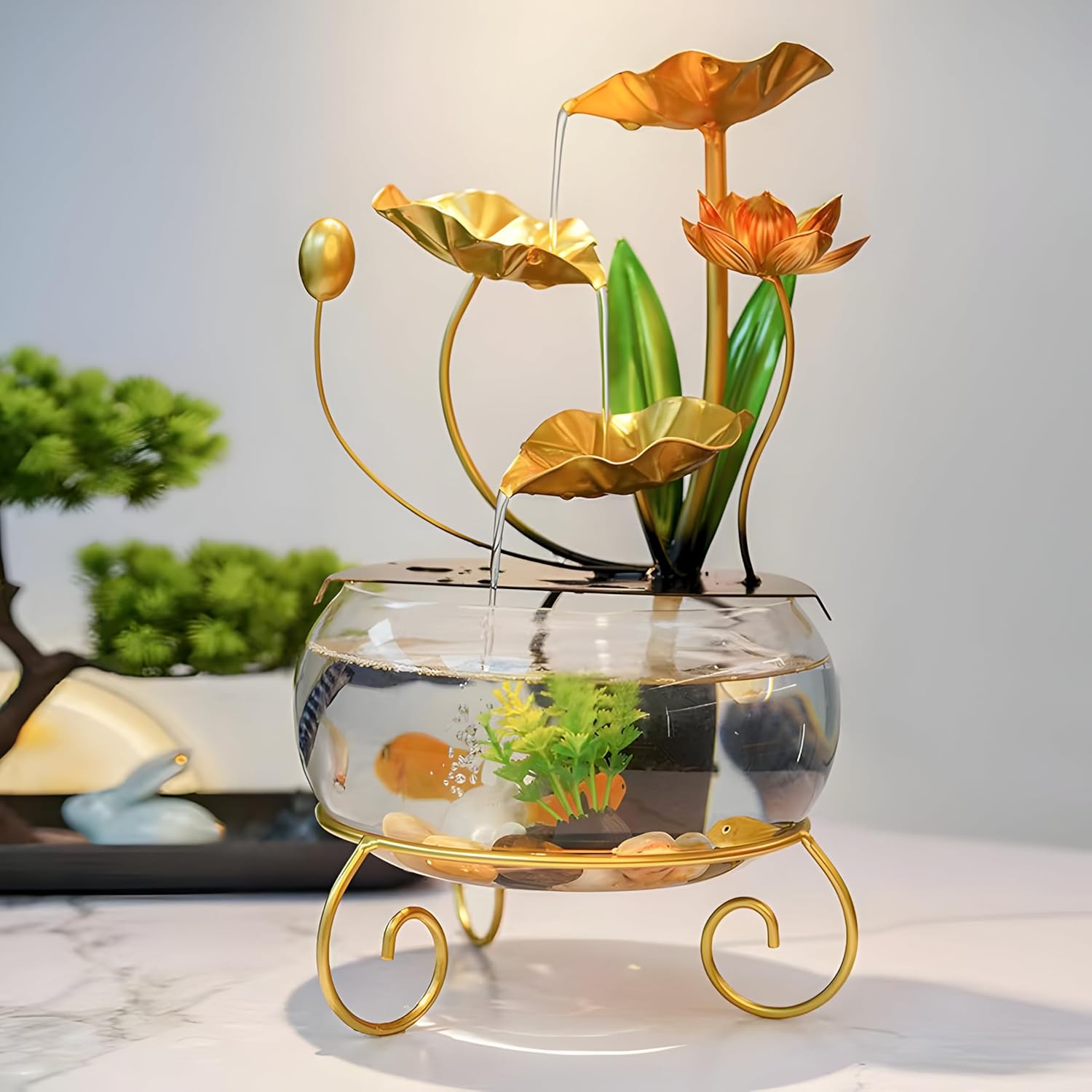 Indoor Water Fountain with Fish Tank and Crystals