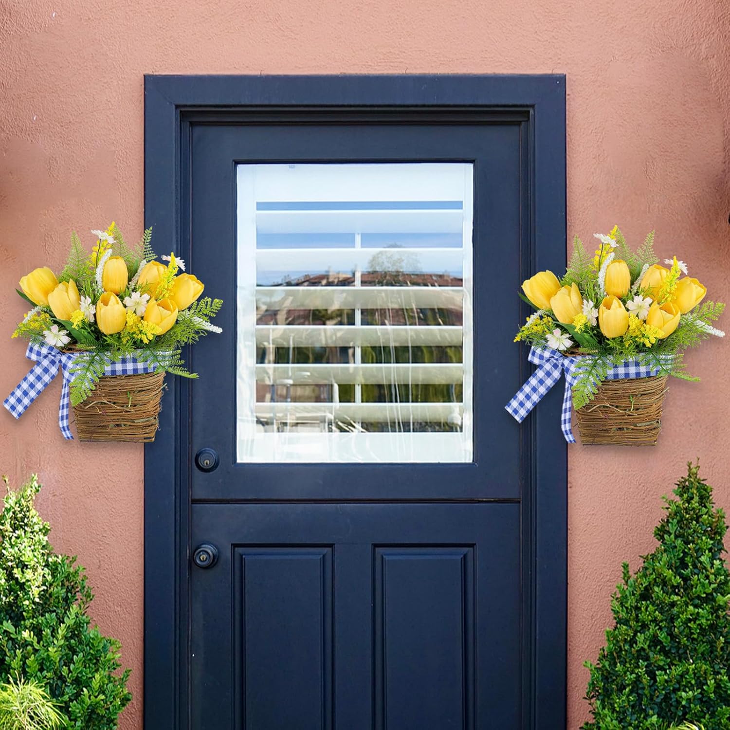 Yellow Tulips Door Wreath with Blue Plaid Bow